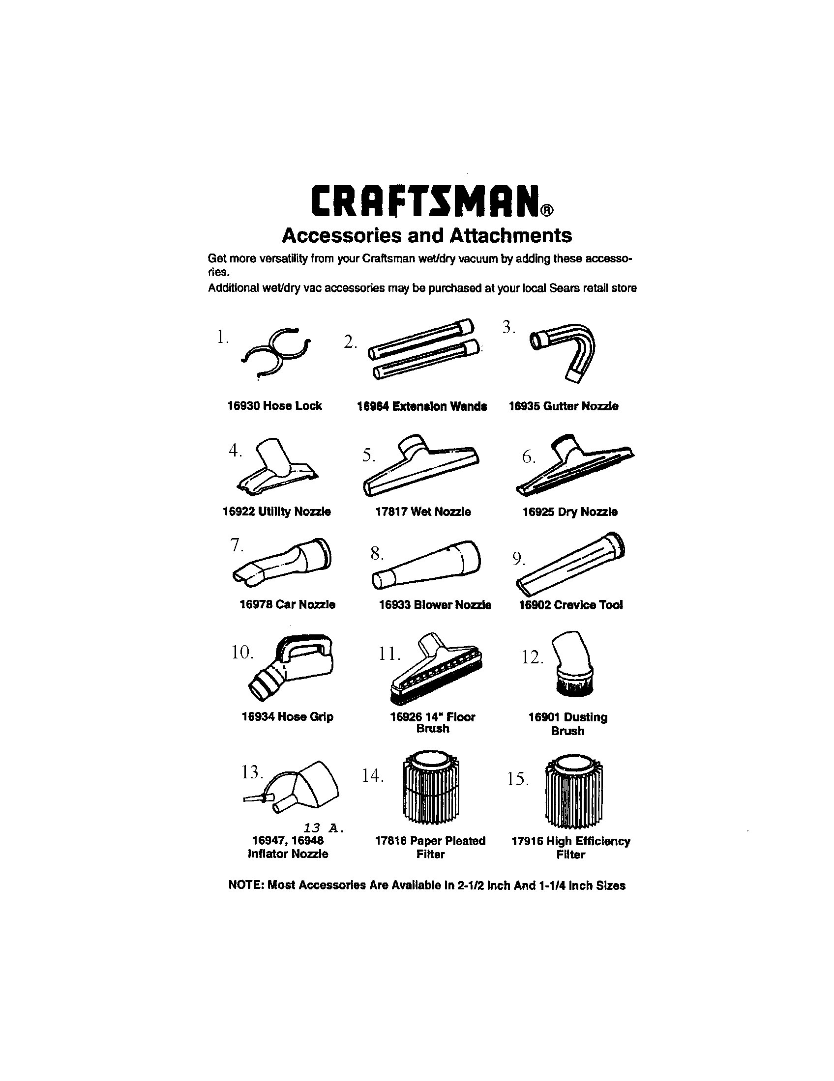 Accessories And Attachments Diagram and Parts List for 113170200  Craftsman Utility Vacuum