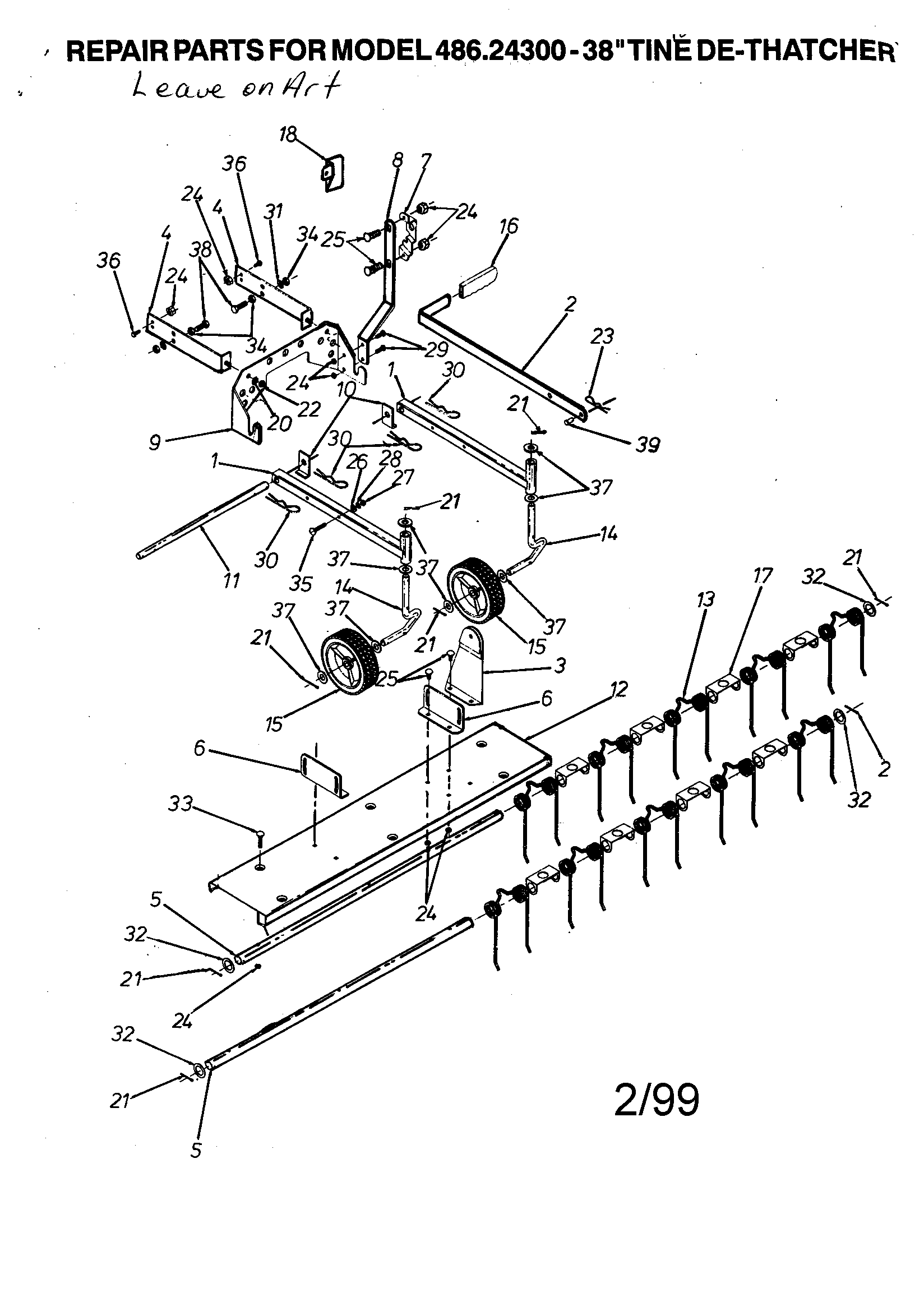 38" Tine De-thatcher Diagram and Parts List for 48624300  Craftsman Lawn Tractor