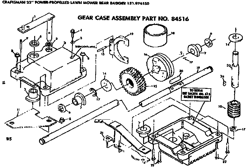 Gear Case Assembly Diagram and Parts List for 131974150  Craftsman Lawn Mower