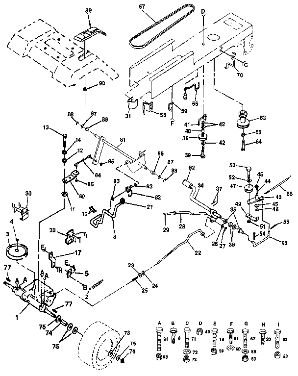 Drive Diagram and Parts List for 917257290  Craftsman Lawn Tractor