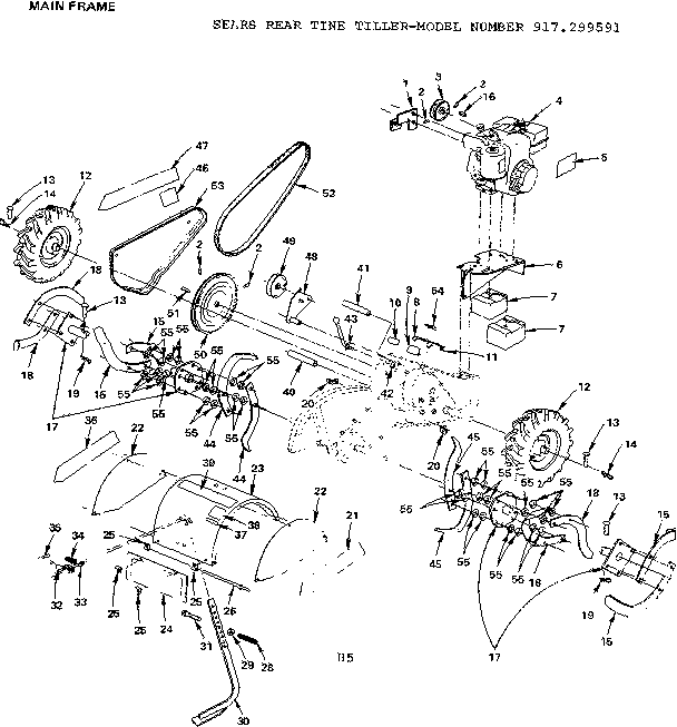 Main Frame Diagram and Parts List for 917299591  Craftsman Tiller