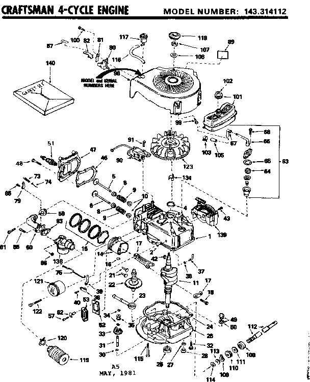 Replacement Parts Diagram and Parts List for 143314112  Craftsman Engine