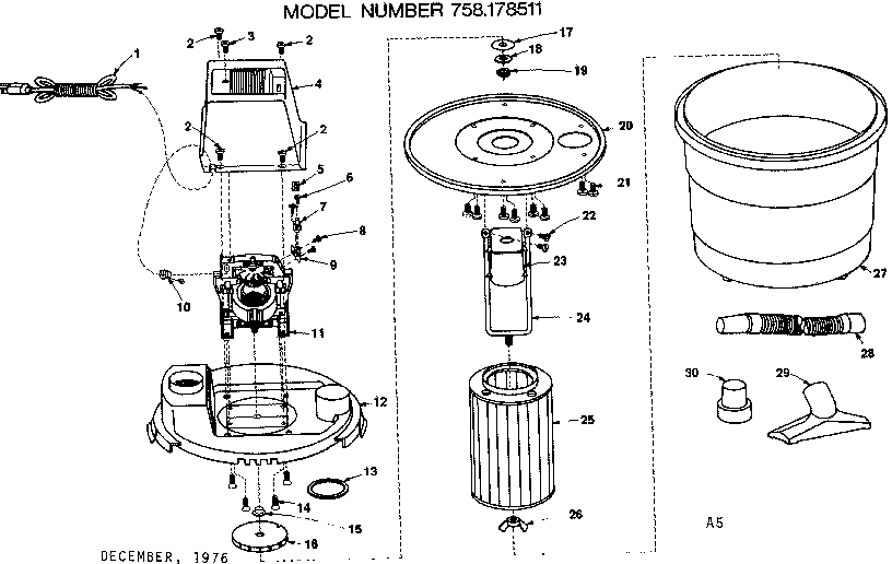 Base Assembly Diagram and Parts List for 758178511  Craftsman Utility Vacuum