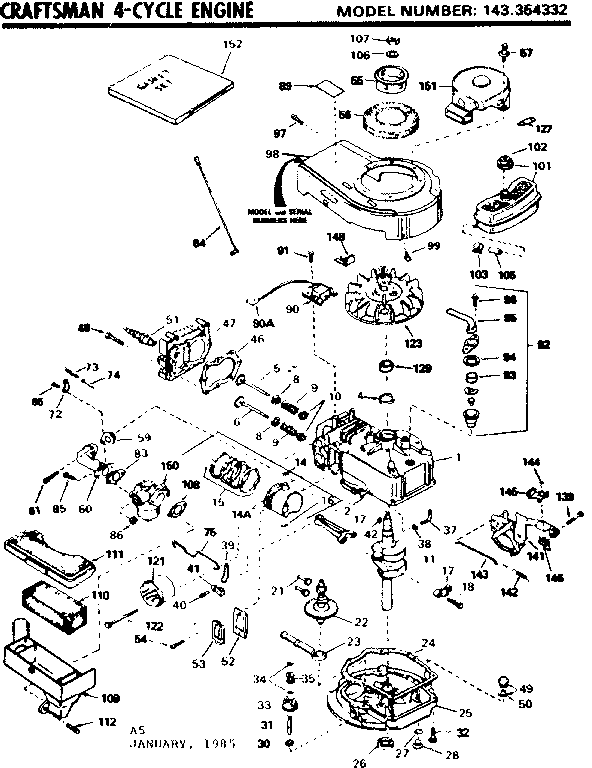 Replacement Parts Diagram and Parts List for 143354332  Craftsman Engine