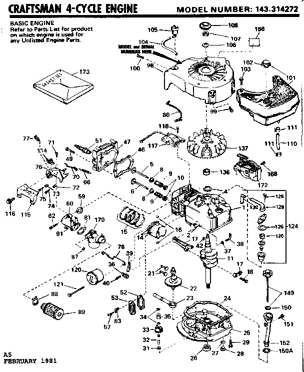 Replacement Parts Diagram and Parts List for 143314272  Craftsman Engine