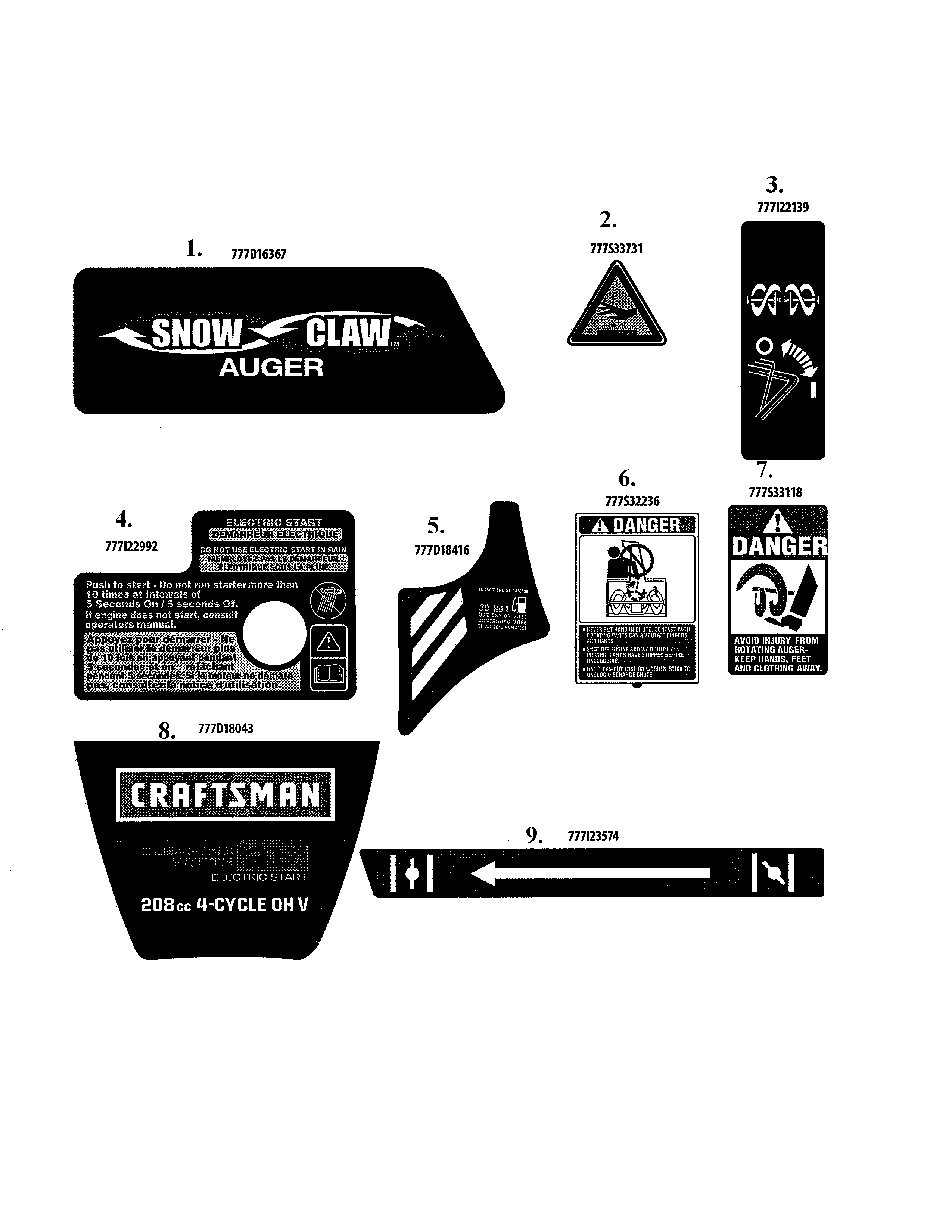Decals Diagram and Parts List for 247887822  Craftsman Snow Blower