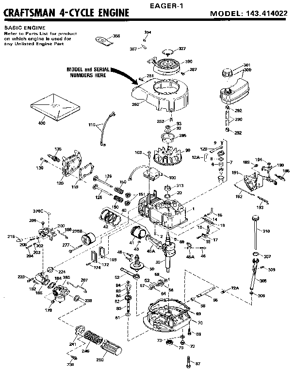 4 Cycle Ingine Diagram and Parts List for 143414022  Craftsman Engine