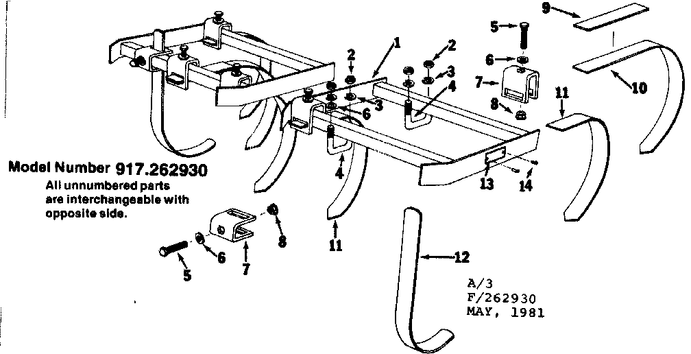 Replacement Parts Diagram and Parts List for 917262930  Craftsman Tiller