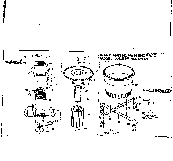Unit Parts Diagram and Parts List for 75817802  Craftsman Utility Vacuum