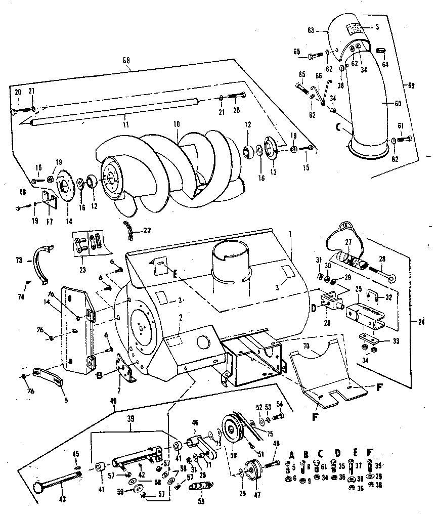 Auger Assembly Diagram and Parts List for 842240713  Craftsman Snow Blower