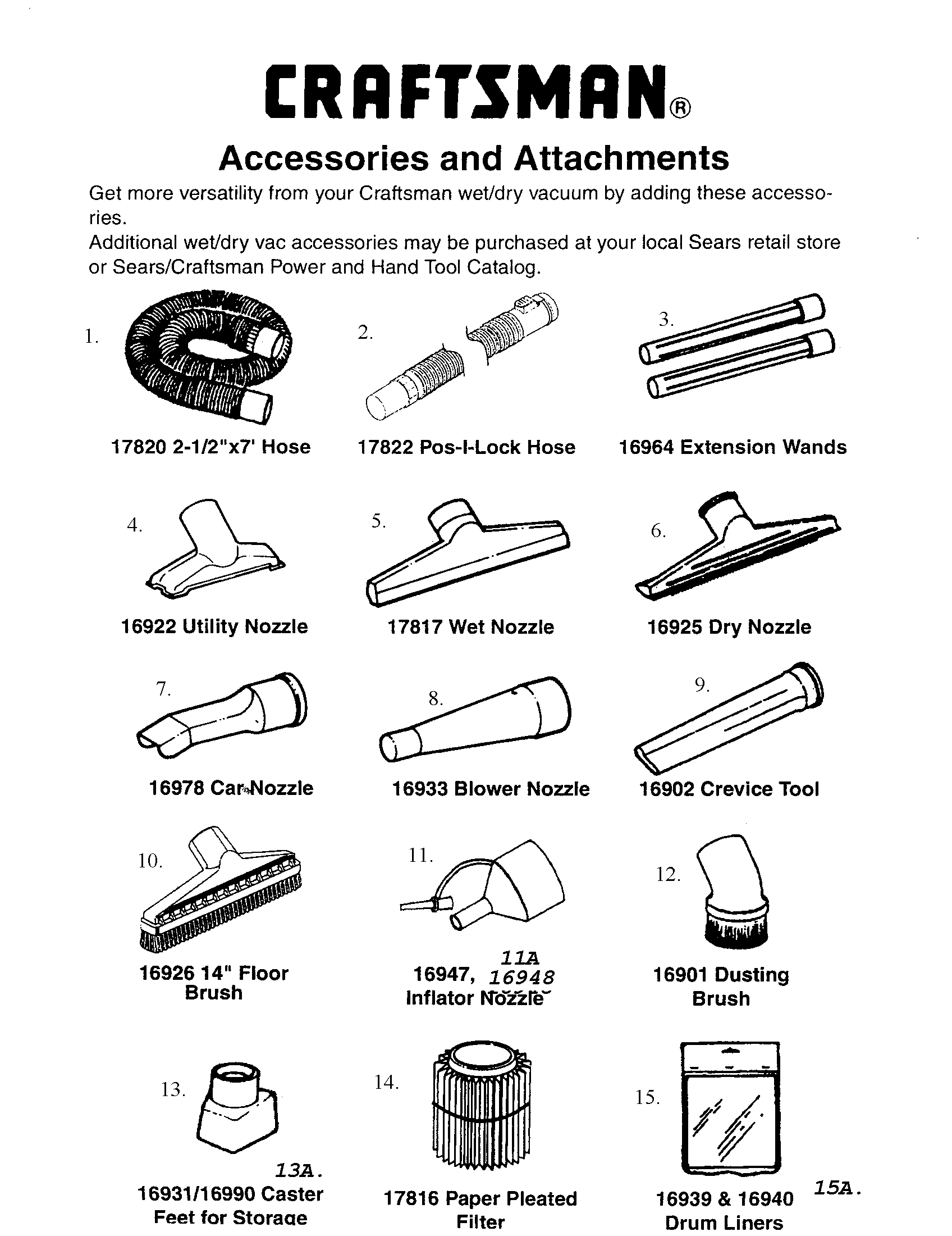 Accessories And Attachments Diagram and Parts List for 113177920  Craftsman Utility Vacuum