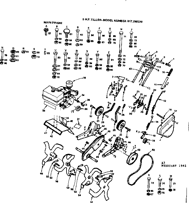 Main Frame Diagram and Parts List for 917299370  Craftsman Tiller