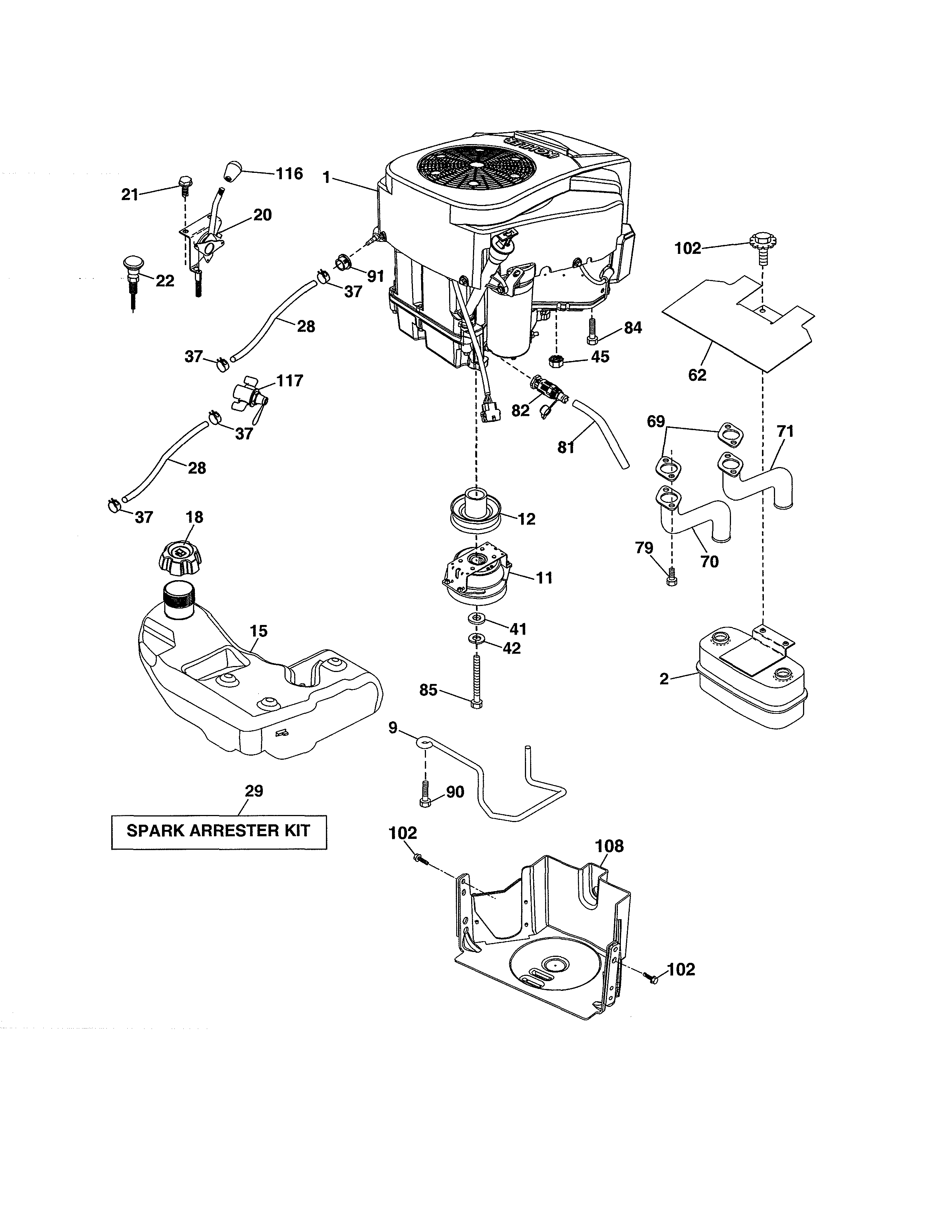 Engine Diagram and Parts List for 917992070  Craftsman Lawn Tractor