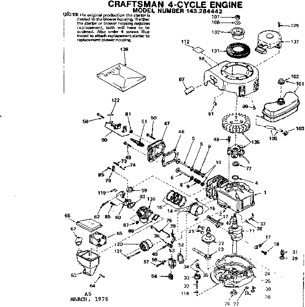 Replacement Parts Diagram and Parts List for 143284442  Craftsman Engine
