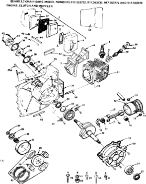 Engine Clutch And Muffler Diagram and Parts List for 917353772  Craftsman Chainsaw