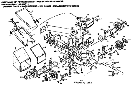 Mower Deck And Handle Assembly Diagram and Parts List for 131974711  Craftsman Lawn Mower