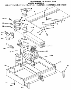 Figure 1 Diagram and Parts List for 113197111  Craftsman Chop Saw