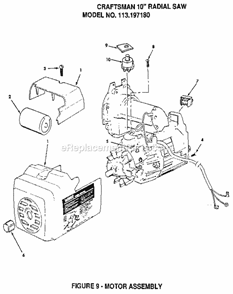 Figure 9 - Motor Assembly Diagram and Parts List for 113197180  Craftsman Chop Saw
