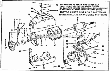 Motor Assembly Diagram and Parts List for 113197752  Craftsman Chop Saw