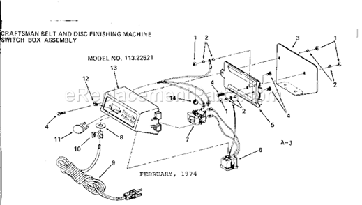 Switch Box Assembly Diagram and Parts List for 11322521  Craftsman Belt or Drum Sander