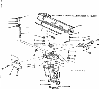 Radial Arm Assembly Diagram and Parts List for 11323301  Craftsman Chop Saw