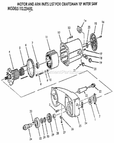 Motor And Arm Diagram and Parts List for 113234610  Craftsman Miter Saw