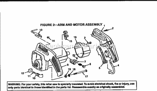 Arm And Motor Assembly Diagram and Parts List for 113235200  Craftsman Miter Saw