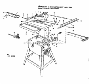 Unit Diagram and Parts List for 113242502  Craftsman Table Saw