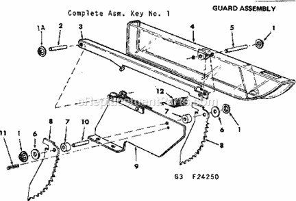 Guard Assembly Diagram and Parts List for 11324250  Craftsman Table Saw
