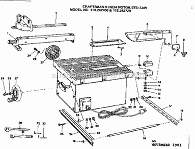 Unit Housing Diagram and Parts List for 113242720  Craftsman Table Saw