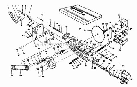 Blade And Transmission Assembly Diagram and Parts List for 113290650  Craftsman Table Saw
