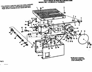Unit Breakdown Diagram and Parts List for 113295751  Craftsman Table Saw
