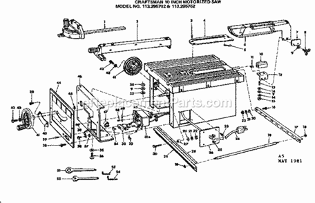 Unit Housing Diagram and Parts List for 113295752  Craftsman Table Saw