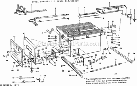 Unit Housing Diagram and Parts List for 11329580  Craftsman Table Saw