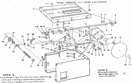 Unit Breakdown Diagram and Parts List for 113295820  Craftsman Table Saw