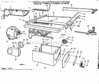 Unit Housing Diagram and Parts List for 113298150  Craftsman Table Saw