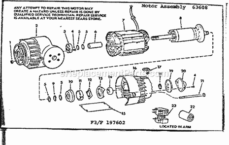 Motor Assembly Diagram and Parts List for 119197602  Craftsman Chop Saw