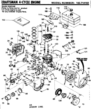 Replacement Parts Diagram and Parts List for 143714102  Craftsman Engine