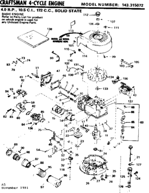 Replacement Parts Diagram and Parts List for 143315072  Craftsman Engine