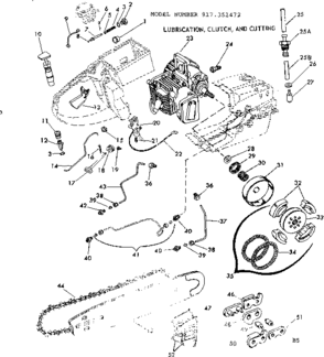 Lubrication, Clutch, And Cutting Diagram and Parts List for 917351472  Craftsman Chainsaw