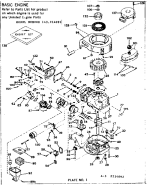 Basic Engine Diagram and Parts List for 143214092  Craftsman Engine