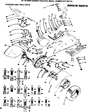 Steering And Final Drive Diagram and Parts List for 917257114  Craftsman Lawn Tractor