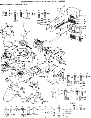 16 Garden Tractor/main Frame Dash And Grill Diagram and Parts List for 917257050  Craftsman Lawn Tractor