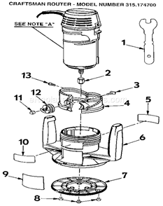 Base Assembly Diagram and Parts List for 315174700  Craftsman Router