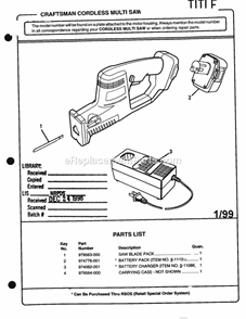Battery Charger Diagram and Parts List for 315274189  Craftsman Table Saw
