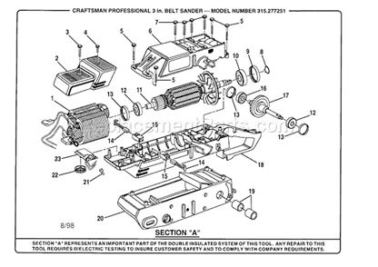 Field And Armature Assemb... Diagram and Parts List for 315277251  Craftsman Belt or Drum Sander