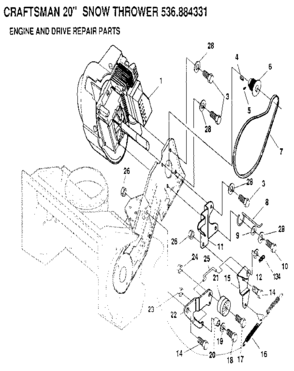 Engine And Drive Diagram and Parts List for 536884331  Craftsman Snow Blower