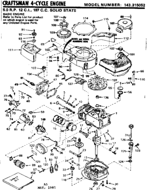 Replacement Parts Diagram and Parts List for 143315052  Craftsman Engine