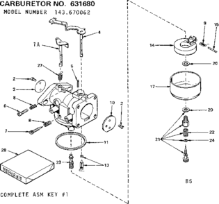 Carburetor Diagram and Parts List for 143670062  Craftsman Engine