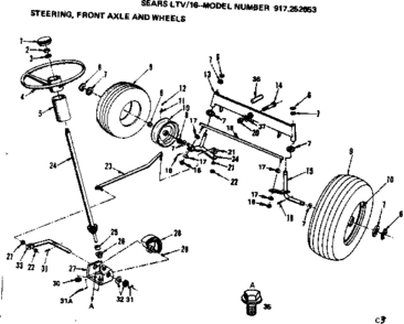 Steering, Front Axle And Wheels Diagram and Parts List for 917252653  Craftsman Lawn Tractor